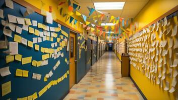 Interior of a school corridor with a lot of post it notes. AI Generated. photo