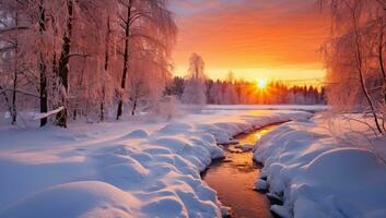 Beautiful winter landscape with snow covered trees and river at sunset. AI Generated. photo