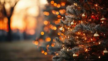 Navidad árbol con dorado luces y bokeh efecto. Navidad antecedentes ai generado foto