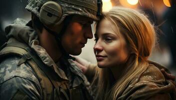 Soldier Embracing Loved One in Rain AI Generated photo