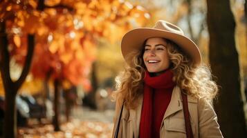 young woman in a hat and coat walking in the autumn park. AI Generated. photo