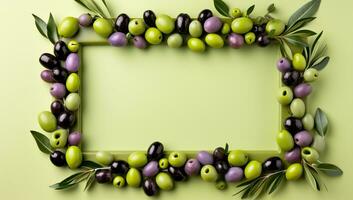 Frame made of olives with green and purple olives on green background AI Generated photo