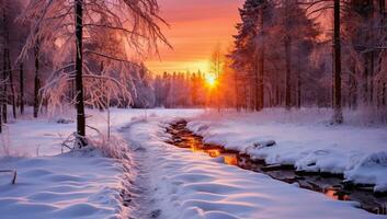 Beautiful winter landscape with a frozen river and sunset in the forest. AI Generated. photo