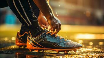 Close-up of a male athlete tying shoelaces. AI Generated. photo