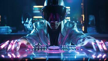 Cyberpunk style. a young african-american man wearing a virtual reality helmet and playing turntable. AI Generated. photo