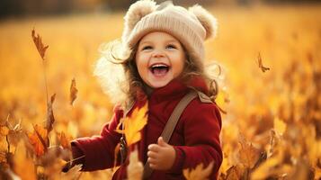 Adorable little girl having fun in autumn park. Happy child playing outdoors. AI Generated. photo