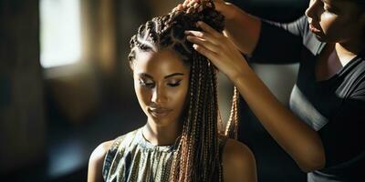 hermosa africano americano mujer con rastas peinado en belleza salón. ai generado. foto