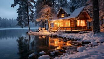 hermosa de madera casa en el lago a noche. invierno paisaje. ai generado. foto