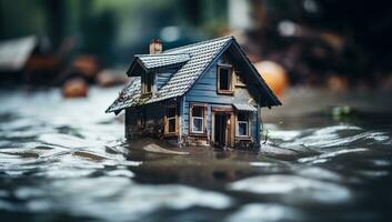 pequeño de madera casa en el agua. inundar desastre. ai generado. foto