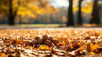 Autumn background with walnuts on the ground in the park. AI Generated. photo