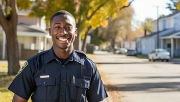 smiling African American police officer standing in front of a house. AI Generated. photo