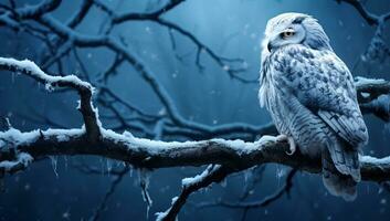 Snowy owl sitting on a branch in the winter forest. AI Generated. photo