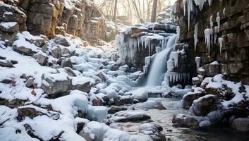 Frozen waterfall in winter forest AI Generated photo