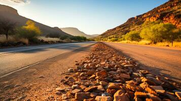 Road Through Beautiful Autumn Landscape with Majestic Mountains and Clear Sky. AI Generated. photo