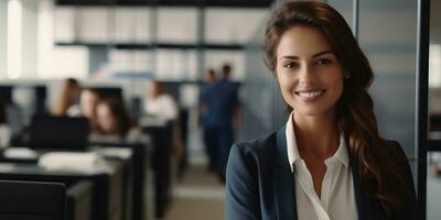 young businesswoman smiling at camera while standing in office. AI Generated. photo