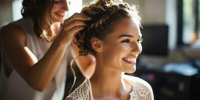 Beautiful young woman having her hair braided by a hairdresser. AI Generated. photo