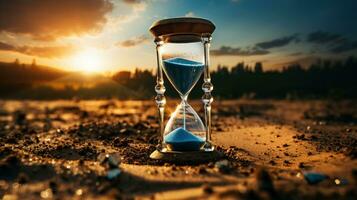 Hourglass on the sand in the field at sunset. Time concept. AI Generated. photo