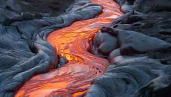 flowing magma from a volcanic crater. AI Generated. photo