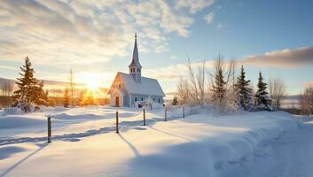 Church in the snow at sunset. Winter landscape. AI Generated. photo