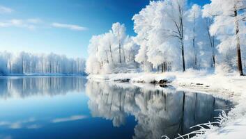 Winter landscape with a lake and trees covered with hoarfrost. AI Generated. photo