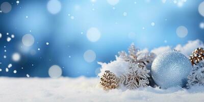 Navidad antecedentes con nieve y Navidad pelotas en bokeh antecedentes ai generado foto