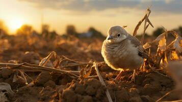 Zebra Dove on the cornfield at sunset in the evening. AI Generated. photo