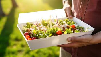 Fresh salad in a box in the hands of a young man. AI Generated. photo