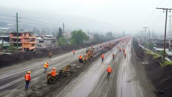 trabajadores en un la carretera construcción sitio en el brumoso Mañana. ai generado. foto