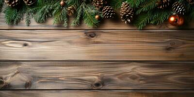 Christmas background with fir tree branches and decorations on wooden planks. AI Generated. photo