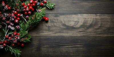Christmas decoration on wooden background with copy space. Top view, flat lay AI Generated photo