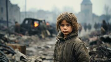 retrato de un chico en el medio de un ardiente ciudad. el atmósfera de guerra. ai generado. foto