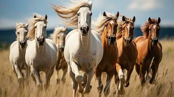 manada de caballos corriendo gratis en un campo de trigo en verano. ai generado. foto