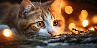 linda gato acostado en el piso en frente de Navidad luces ai generado foto