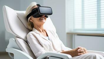 smiling senior woman in vr headset. AI Generated. photo
