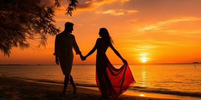 Silhouette of romantic couple on the beach at beautiful sunset AI Generated photo
