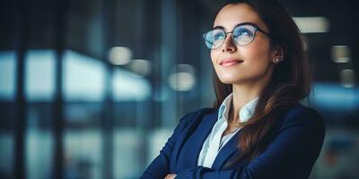 Portrait of young businesswoman in eyeglasses standing in office. AI Generated. photo