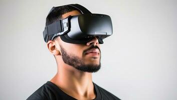 Young man using virtual reality headset. AI Generated. photo