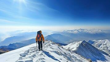 Hiker on top of a snowy mountain. AI Generated. photo