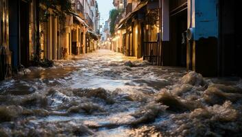 A view of a flooded street in the city. AI Generated. photo