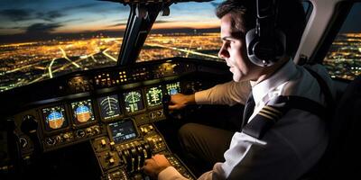 piloto en el cabina de un avión con un ver de el ciudad ai generado foto