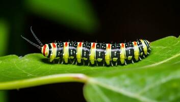 Caterpillar of the Papilio machaon on green leaf. AI Generated. photo