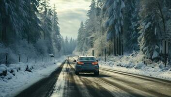 Car driving on a winter road with snow covered trees. AI Generated. photo