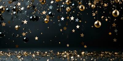 Christmas and New Year background with golden stars and balls. AI Generated. photo