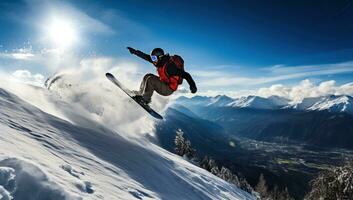 Flying snowboarder on mountains. Extreme winter sport. AI Generated. photo