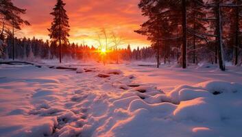 Sunset in the winter forest. Beautiful winter landscape with snow covered trees AI Generated photo