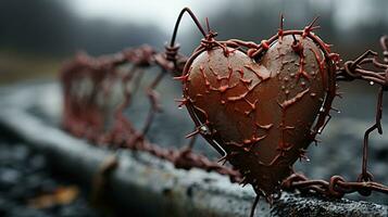 Heart in the barbed wire. Conceptual image of heart attack. AI Generated. photo