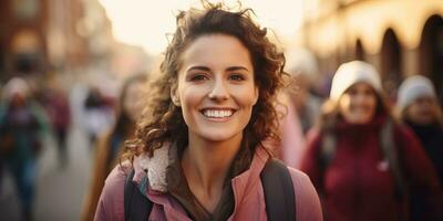 sonriente joven mujer con mochila caminando en el ciudad. ai generado. foto