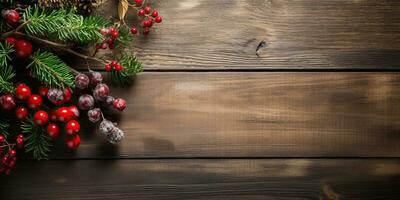 Navidad antecedentes con abeto sucursales, rojo bayas en de madera tablero. ai generado. foto