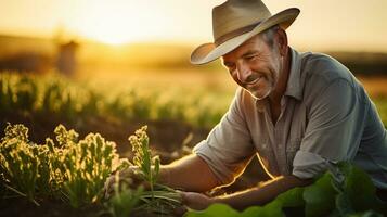 Portrait of senior farmer working in his vegetable garden at sunset. AI Generated. photo