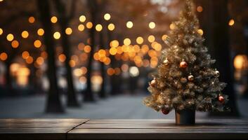 Christmas tree on wooden table in front of bokeh lights background AI Generated photo
